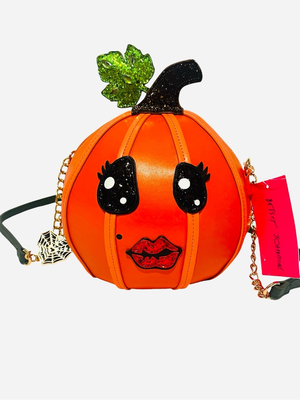 Betsey Johnson Orange Pumpkin Face Crossbody Bag with Glitter Leaf